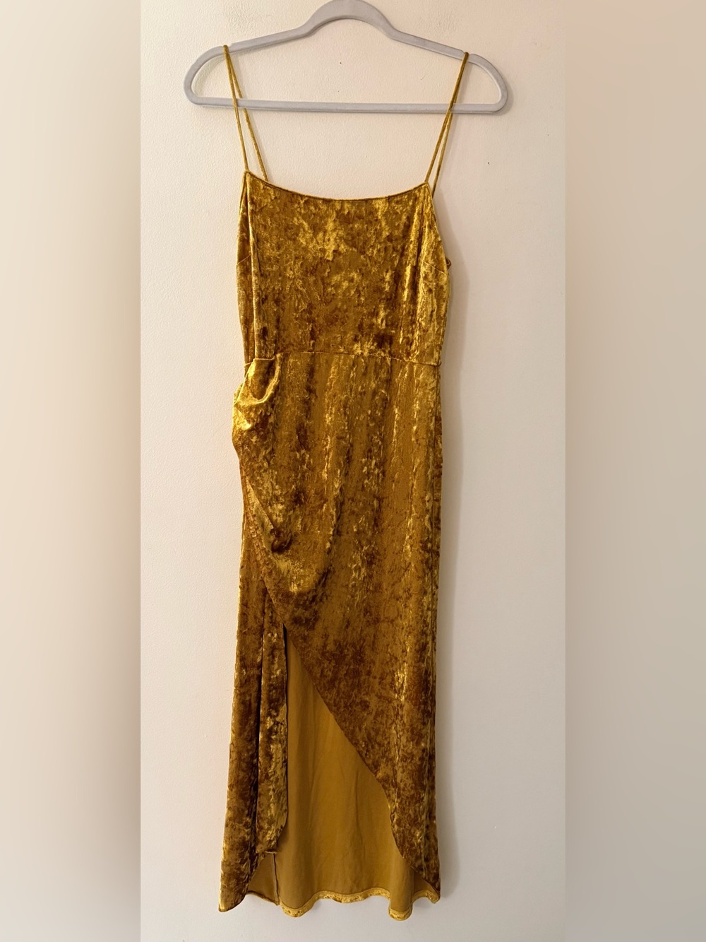 SAYLOR Gold Crushed Velvet Asymmetrical Slip Dress